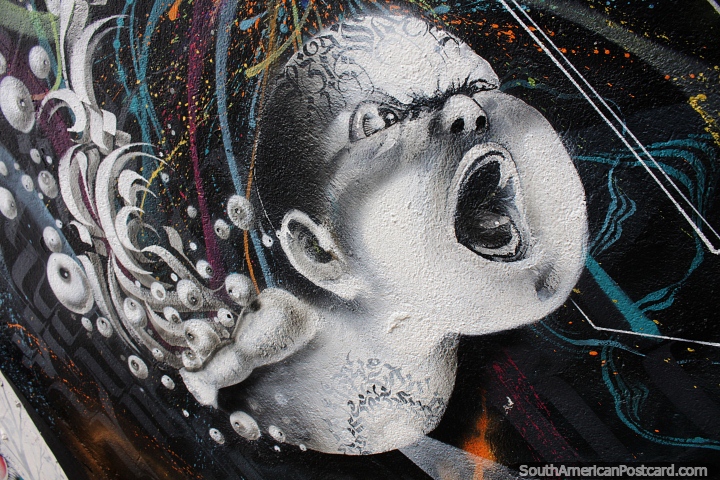 Beb debaixo d'gua e bolhas, arte de rua no Beco do Batman em So Paulo. (720x480px). Brasil, Amrica do Sul.