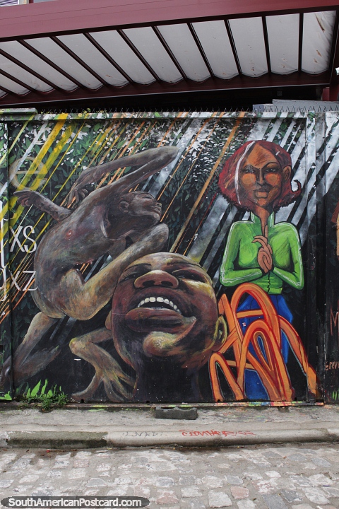 Street art of 3 women in the famous Beco do Batman alleyway in Sao Paulo. (480x720px). Brazil, South America.