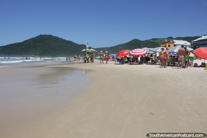 Mirando a lo largo de la Playa Brava hacia las verdes colinas de Florianpolis. (720x480px). Brasil, Sudamerica.