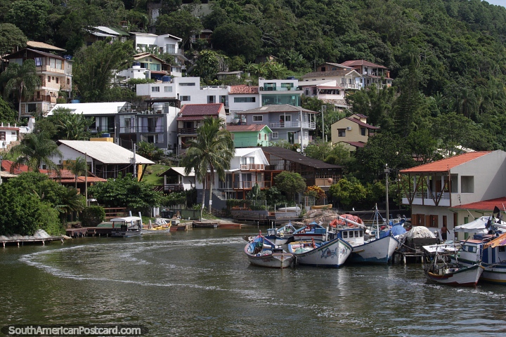 Houses perched on the hillside overlooking the Barra Canal in Barra da Lagoa, Florianopolis. (720x480px). Brazil, South America.