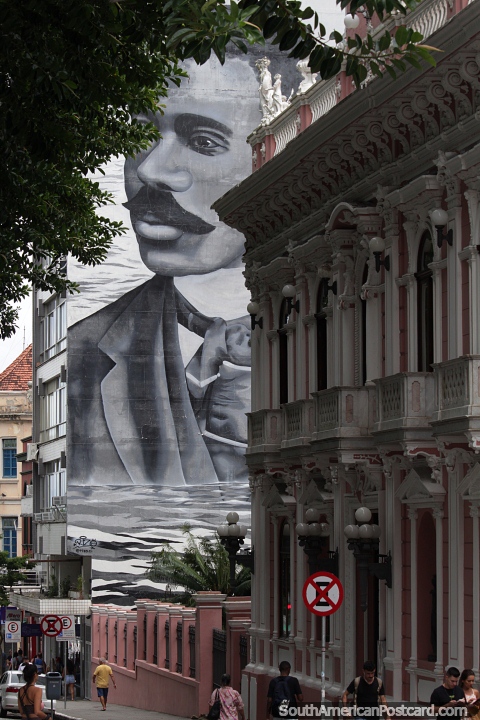 Joao da Cruz and Sousa (1861-1898), a Brazilian poet and journalist, huge mural at the palace in Florianopolis. (480x720px). Brazil, South America.