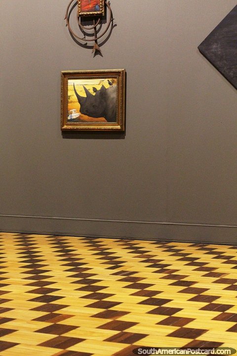 Painting of a rhinoceros and a checkered floor, Museum of Art, Porto Alegre. (480x720px). Brazil, South America.