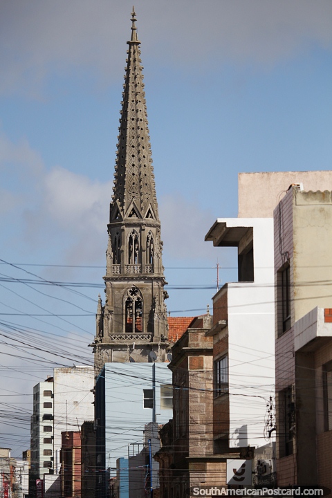 Our Lady of Mount Carmel Church, gothic tower in Rio Grande. (480x720px). Brazil, South America.
