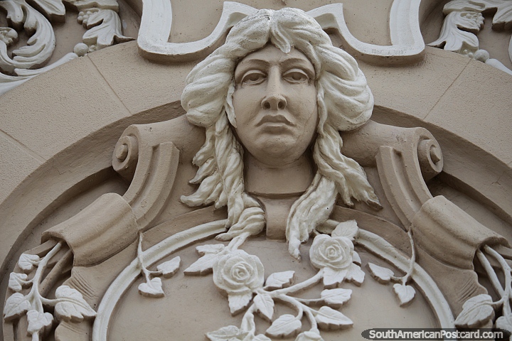 Detailed face and flowers, ceramic work and art deco facades in Rio Grande. (720x480px). Brazil, South America.
