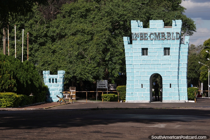 Military base with teal colored brick entranceway in Alegrete. (720x480px). Brazil, South America.