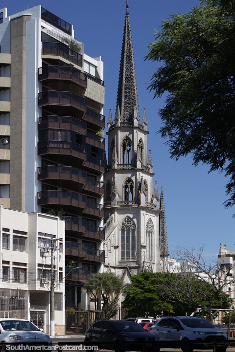 Our Lady of Mount Carmel Church in Uruguaiana with a gothic tower. (480x720px). Brazil, South America.