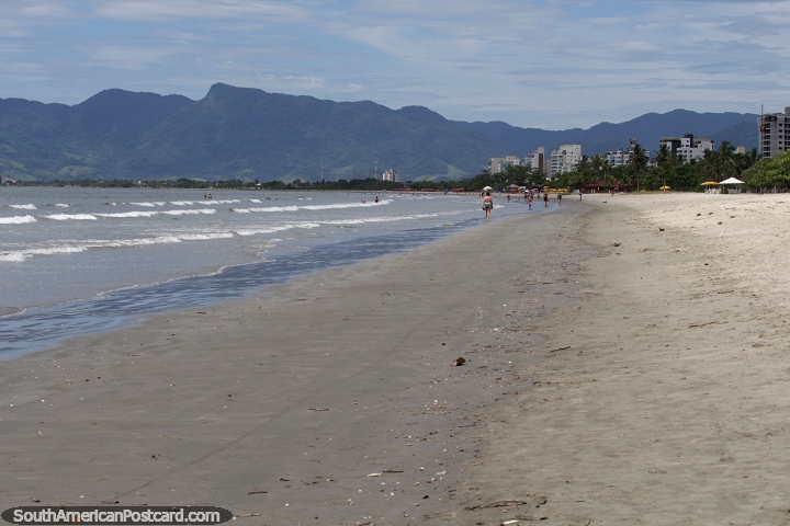 Playa central con cadenas montaosas a lo lejos en Caraguatatuba. (720x480px). Brasil, Sudamerica.