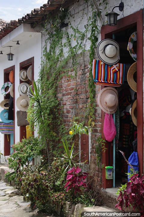 Hats and bags for sale in Paraty and a nice shopfront of plants. (480x720px). Brazil, South America.