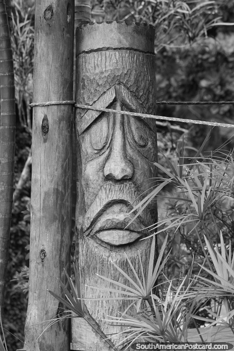 Wood carving and sculpture of a face from a log on Ilha Grande. (480x720px). Brazil, South America.