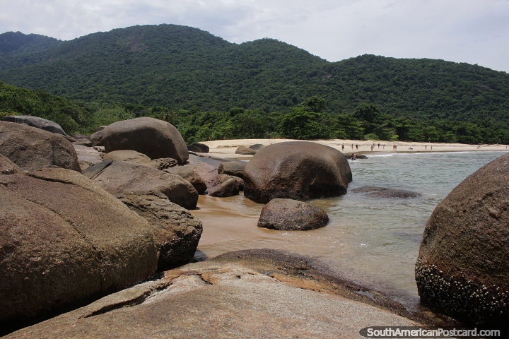 Boulders and beaches backed by forest and hills on Ilha Grande. (720x480px). Brazil, South America.