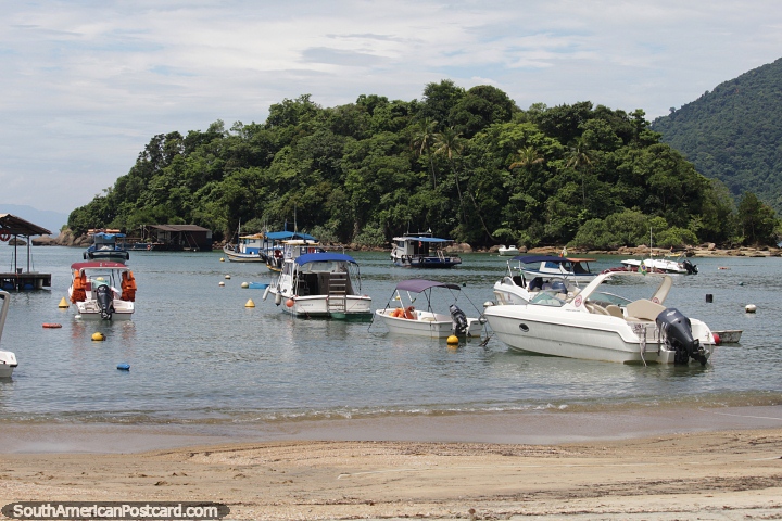 Macedo Island with boats in the bay in Abraao on Ilha Grande. (720x480px). Brazil, South America.