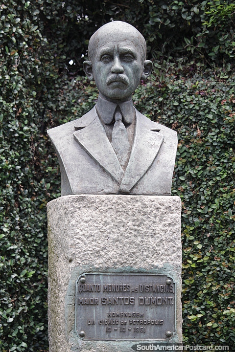 Santos Dumont (1873-1932), Brazilian aeronaut, sportsman and inventor, bust in Petropolis. (480x720px). Brazil, South America.