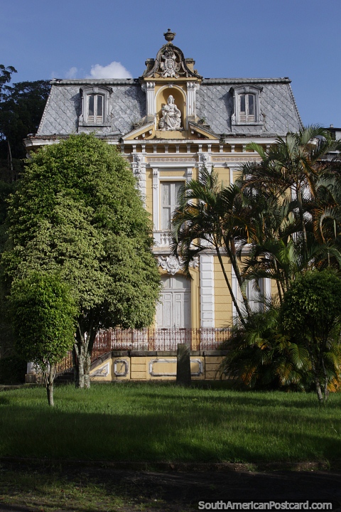 Side view of Rio Negro Palace in Petropolis with nice lawns and trees around it. (480x720px). Brazil, South America.