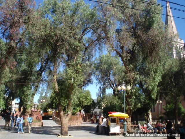 The plaza in Calama with church at back. (640x480px). Chile, South America.