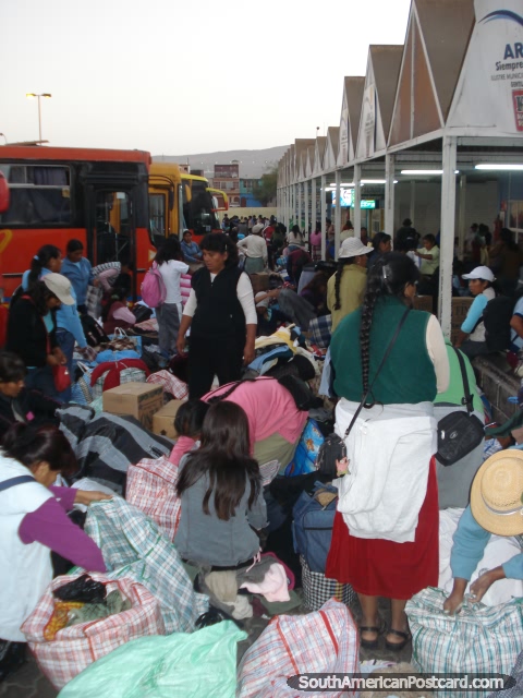 Autobús de Arica y terminal del taxi de la cooperativa, comerciantes Peruanos que embalan bienes para devolver a Perú. (480x640px). Chile, Sudamerica.