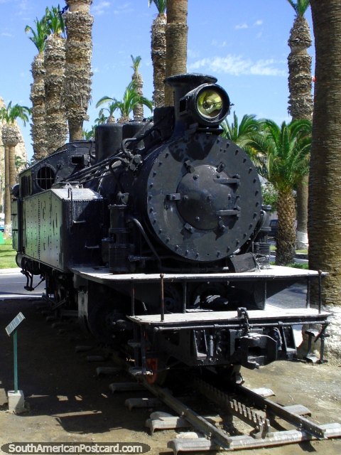 Black train monument in Arica. (480x640px). Chile, South America.