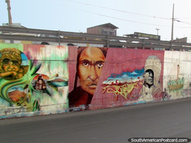 Alguma arte de grafite indïgena abaixo de uma ponte em Arica. (640x480px). Chile, América do Sul.