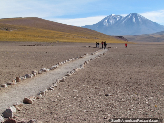 Desert path, snow-capped mountains, views from the lagoons at San Pedro de Atacama. (640x480px). Chile, South America.