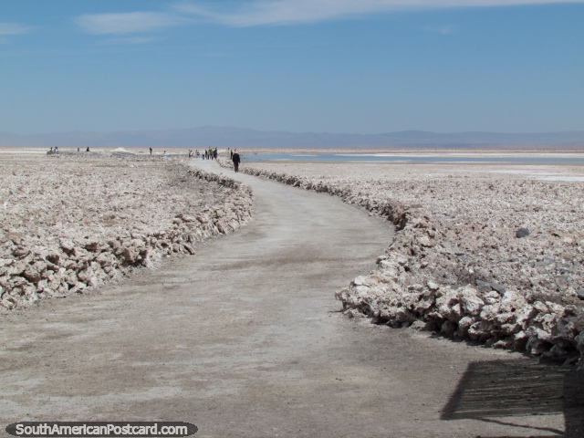 Chegamos a Lagoa Chaxa, o caminho pelo terreno de sal coberto de crosta em San Pedro de Atacama. (640x480px). Chile, América do Sul.