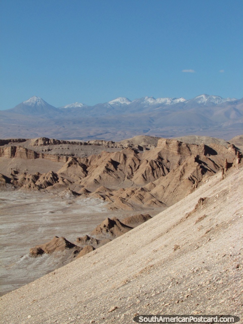 View from Valle de la Luna to the snow-capped mountains in the distance at San Pedro de Atacama. (480x640px). Chile, South America.