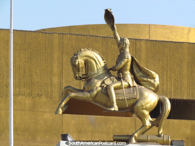 General Bernardo O'Higgins (1778-1842) monument in Antofagasta, gold man on horse, independence leader. (640x480px). Chile, South America.