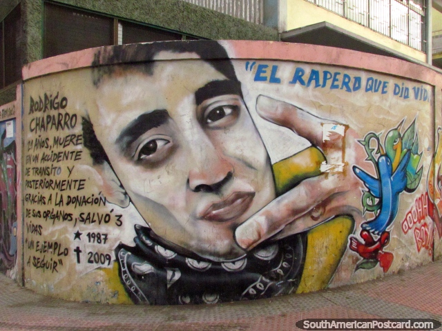 Rodrigo Chaparro (1987-2009) pintura mural conmemorativa en una esquina de la calle en Antofagasta. (640x480px). Chile, Sudamerica.
