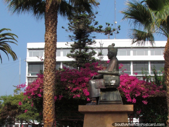 Monument and pink flowers at Plaza Colon in Antofagasta. (640x480px). Chile, South America.