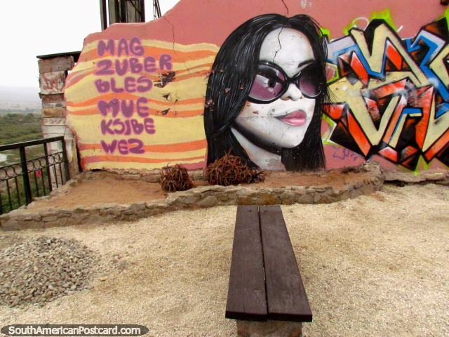 Adesivo de parede rosto de mulher no final de um banco do parque em La Serena. (640x480px). Chile, Amrica do Sul.