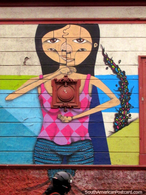 Nice wall art of a woman in pink and purple shirt in Bellavista, Santiago. (480x640px). Chile, South America.