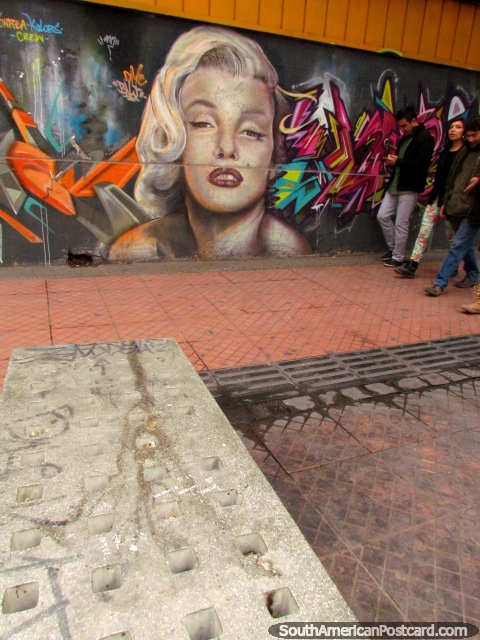 Pintura mural de la pared de Marilyn Monroe en barrio Bellavista en Santiago. (480x640px). Chile, Sudamerica.