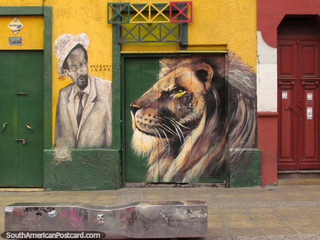 Gregory Isaacs (1951-2010) wall mural in Santiago, a Jamaican reggae musician. (640x480px). Chile, South America.