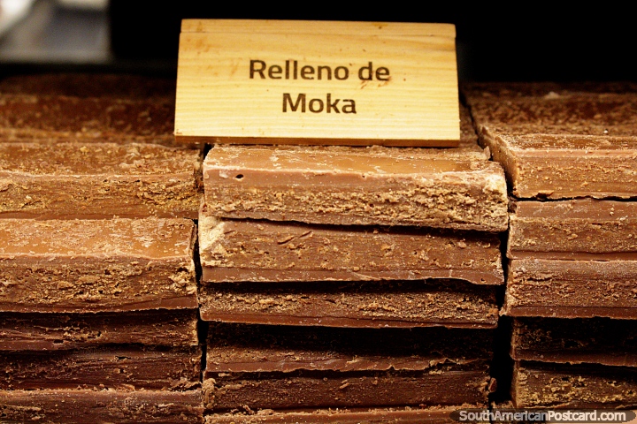 A stack of Moka filled chocolates made at Cafe de la P in Pucon. (720x480px). Chile, South America.