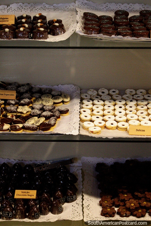 Uma variedade de biscoitos e o bolo assado em forminha de Vulcão de chocolate preto em Cafe da P em Pucon. (480x720px). Chile, América do Sul.