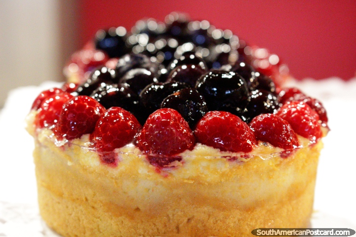 Looks amazing! Raspberries and blueberries on top of a delicious liquid and cake mixture, Cafe de la P, Pucon. (720x480px). Chile, South America.