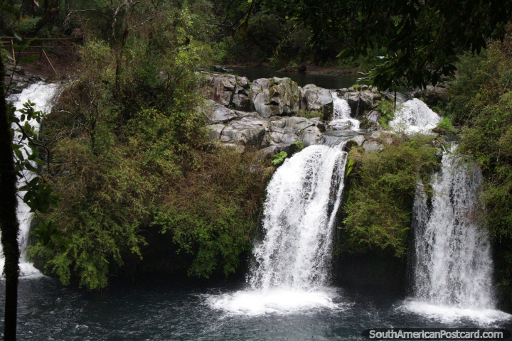 Waterfalls and white rocks at Ojos del Caburgua, very close to Pucon, a day-trip. (720x480px). Chile, South America.