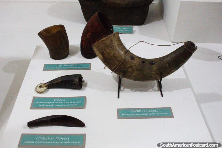 Instrumentos musicales y otros artculos hechos de cuernos de vaca en exhibicin en el Museo de Historia y Antropologa en Valdivia. (720x480px). Chile, Sudamerica.