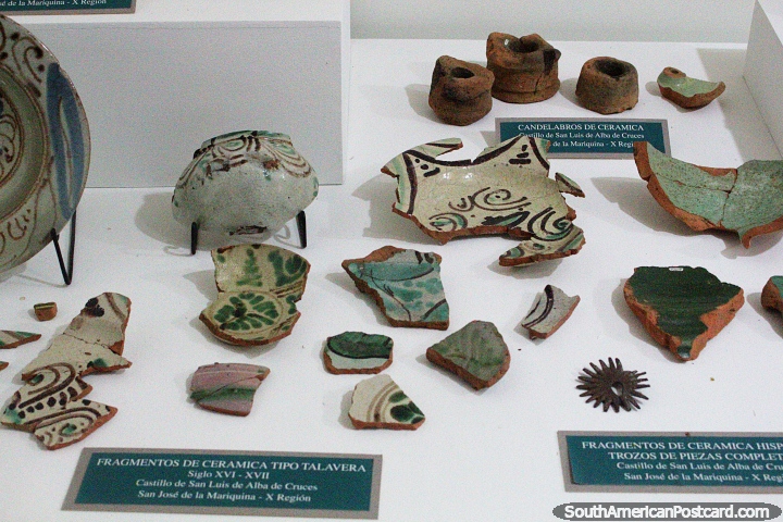 Fragments of ceramics from the 16th-17th centuries at the Museum of History and Anthropology in Valdivia. (720x480px). Chile, South America.