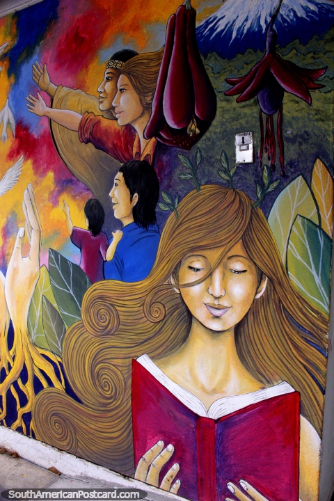 A mulher l um livro, um mural colorido em uma casa em Valdivia. (480x720px). Chile, Amrica do Sul.