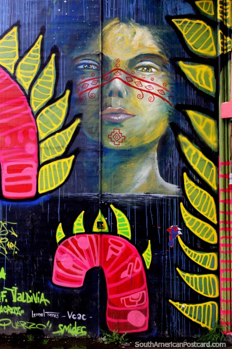 Una persona indgena Mapuche con pintura facial roja, arte callejero en Valdivia. (480x720px). Chile, Sudamerica.