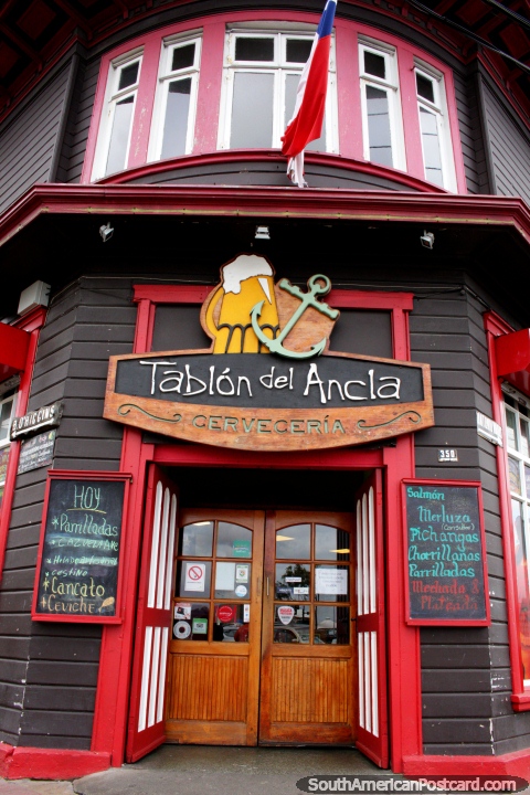 Tablon del Ancla Restaurant in Puerto Montt, serves local salmon. (480x720px). Chile, South America.