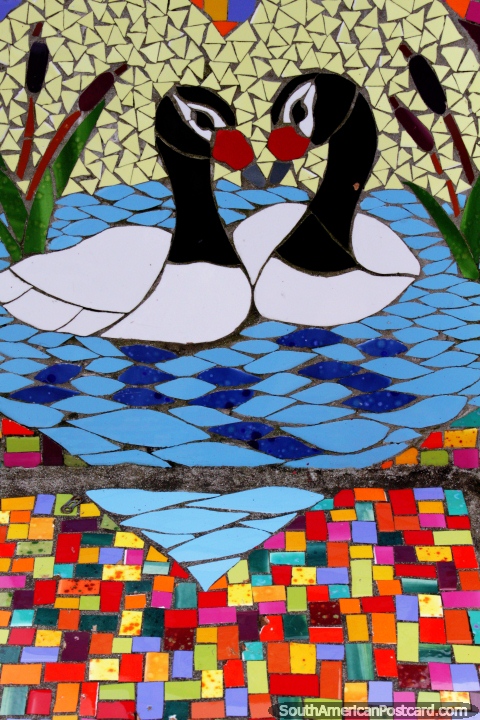Un par de cisnes en un estanque colorido, asientos diseñados con cuadros de azulejos en Puerto Montt. (480x720px). Chile, Sudamerica.