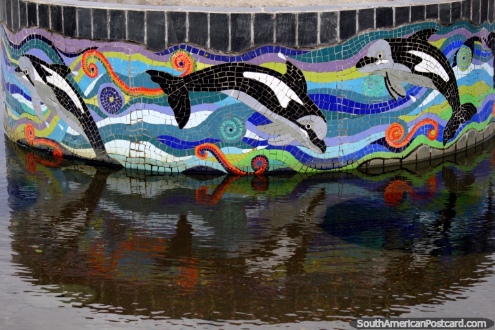 The dolphin fountain made with tiles in the plaza in Puerto Montt. (720x480px). Chile, South America.