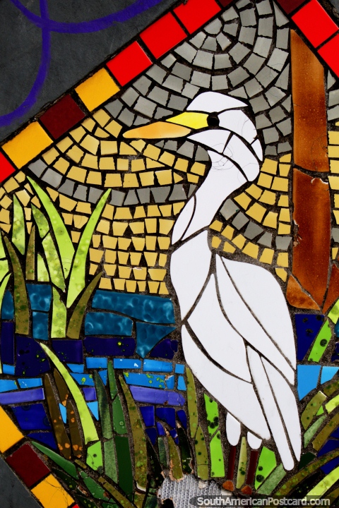 Mosaic made from tiles of a stork in the plaza in Puerto Montt. (480x720px). Chile, South America.