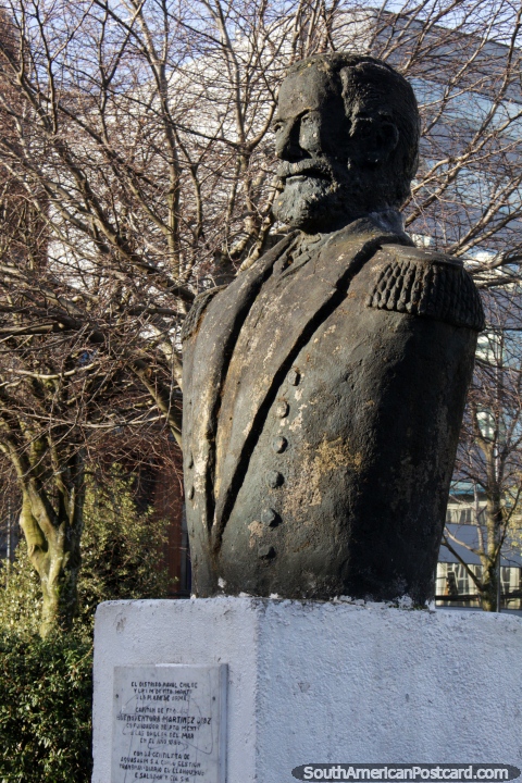 Captain Buenaventura Martinez Diaz brought the first settlers to Puerto Montt and was co-founder, bust. (480x720px). Chile, South America.