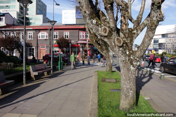 The streets in Puerto Montt in the center around the plaza. (720x480px). Chile, South America.