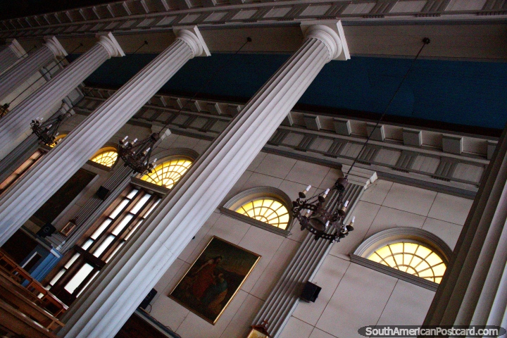 Arched windows and white columns inside the cathedral in Puerto Montt. (720x480px). Chile, South America.