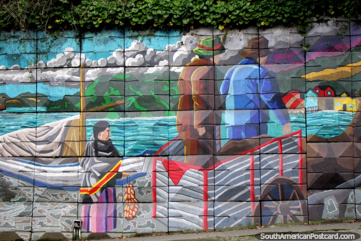 Street art of 2 people in a horse and cart and woman walking in Puerto Montt. (720x480px). Chile, South America.