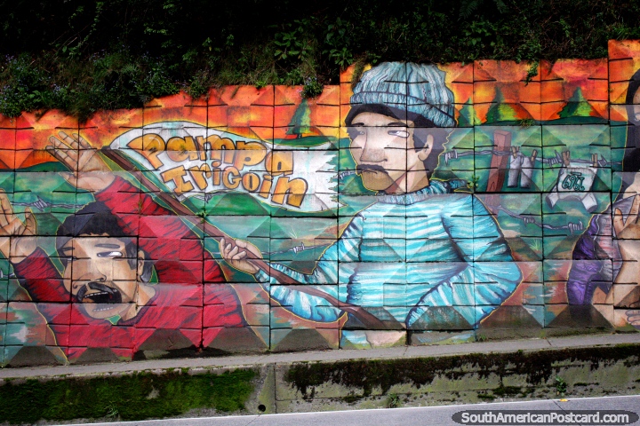 Masacre de Pampa Irigoin (1969), arte callejero en las afueras de Puerto Montt. (720x480px). Chile, Sudamerica.