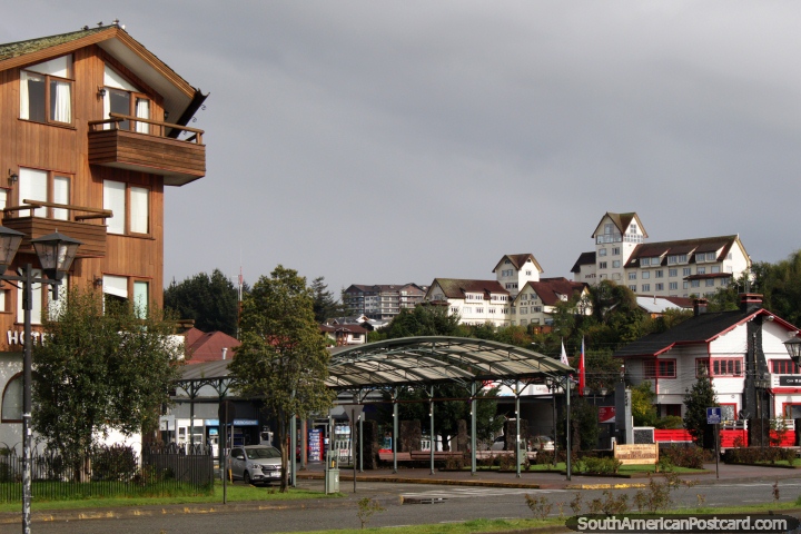 Hotels and a small plaza along the waterfront in Puerto Varas. (720x480px). Chile, South America.