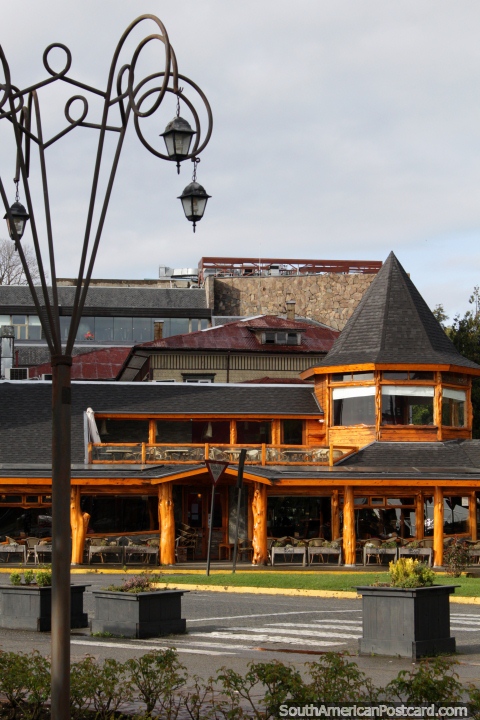 Restaurant made of wood and street lighting in Puerto Varas. (480x720px). Chile, South America.